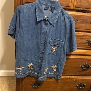 Embroidered Denim Shirt with Palm Tree Design